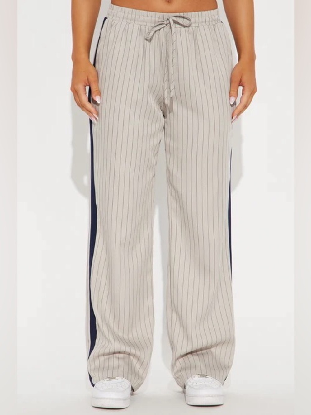 Striped Wide-Leg Drawstring Pants - Beige with Navy Stripe